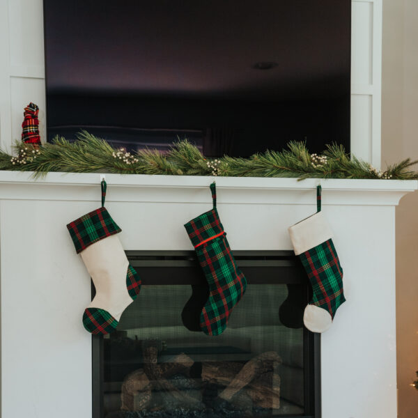 Tartan Stocking with Toes - Homespun Wool Blend stockings hanging on a fireplace mantle.