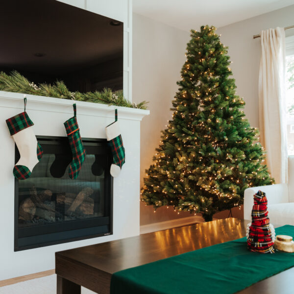 A living room adorned with a Homespun Tartan Christmas tree and Tartan Stocking with Toes - Homespun Wool Blend stockings.