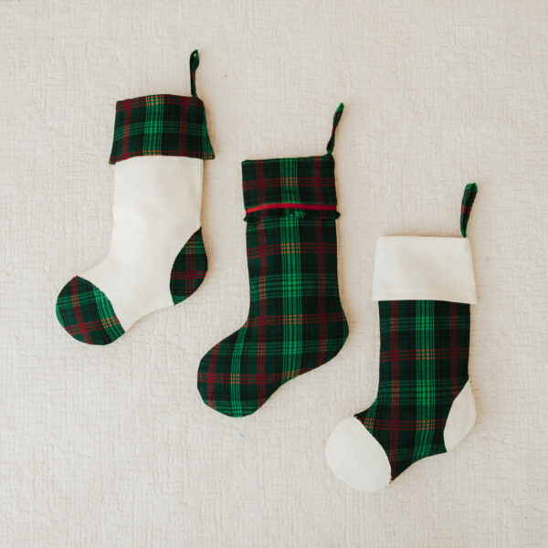 Three Tartan Stocking with Toes - Homespun Wool Blend on a white surface.