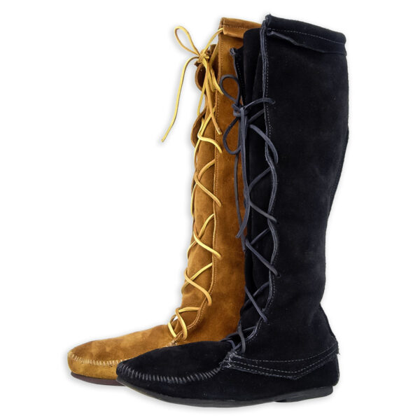 Two pairs of Men's Suede Knee High Boots with laces on them.