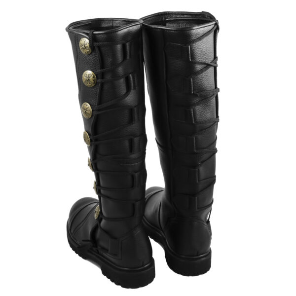 A pair of black premium leather knee-high boots with gold buttons.