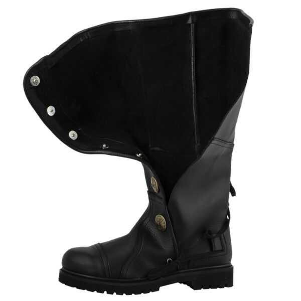 A pair of Black Premium Leather Knee-High Boots with buckles on the side.