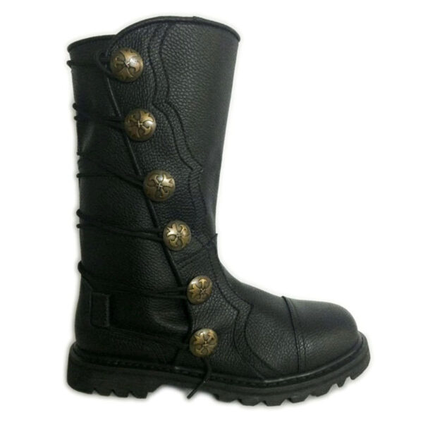 A pair of Black Premium Leather Half-Calf Boots with gold buttons.