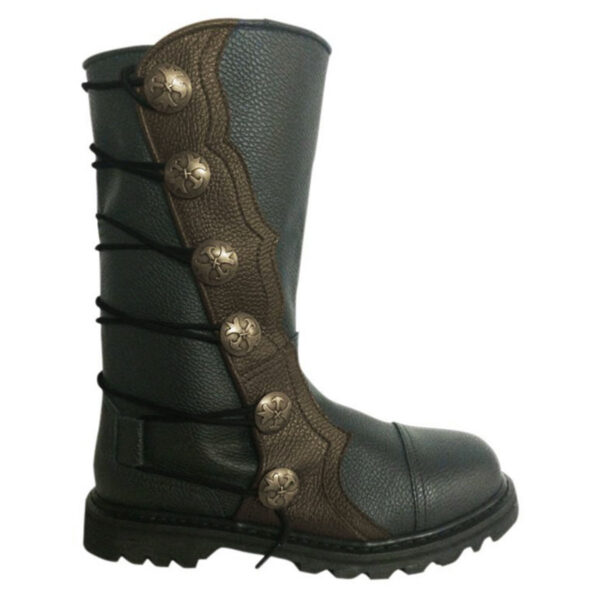 A pair of Black with Brown Premium Leather Half-Calf Boots with buttons on them.