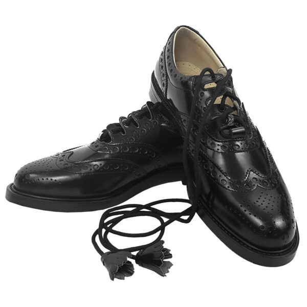 A pair of men's black wingtip shoes on a white background.