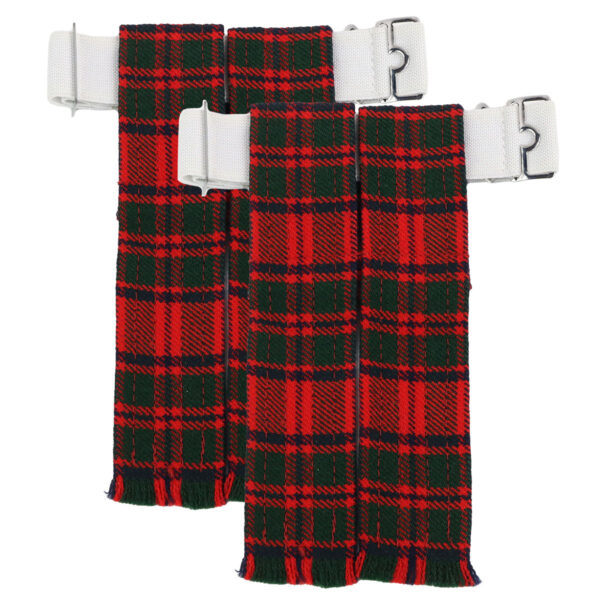Two red and green MacIntosh Modern Tartan Flashes - Homespun Wool Blend waistbands with buckles.
