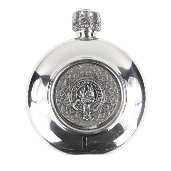 A Baillie Clan Crest Antiqued Pewter Flask with a clan crest.
