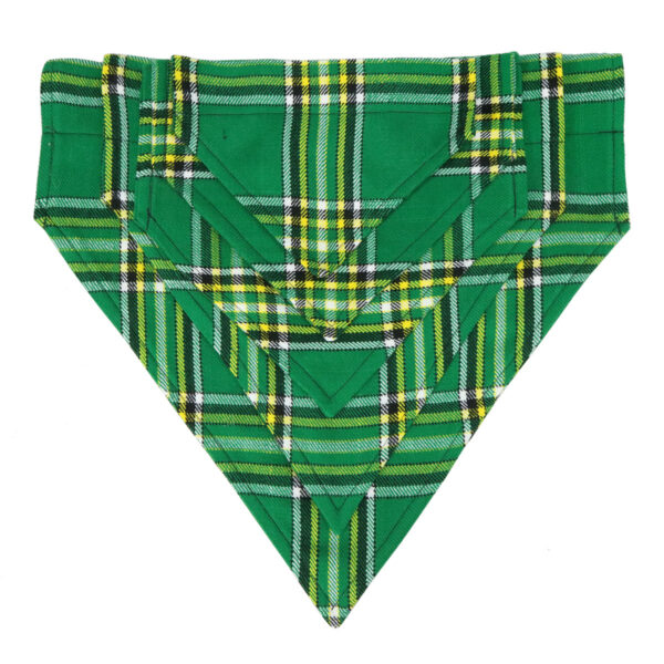 A green and yellow plaid bandana on a white background, suitable for dogs who prefer Plush Tartan Dog Toy - Wool Free.