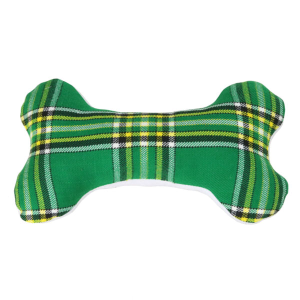 A green and yellow Plush Tartan dog toy shaped pillow.