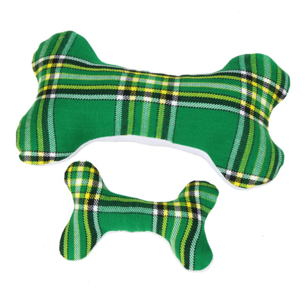 A green and yellow plush tartan dog toy.
