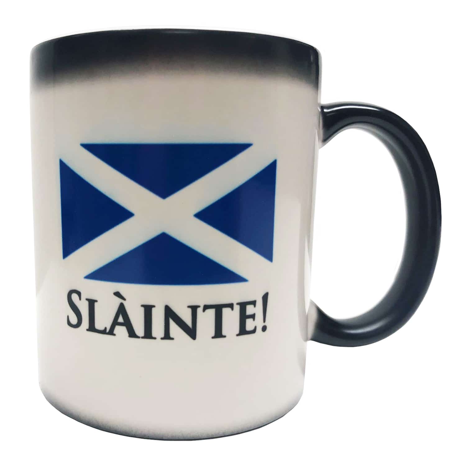 A Scottish flag mug with the word Slàinte Color Changing Coffee Mug Special Offer 50% Off! on it.