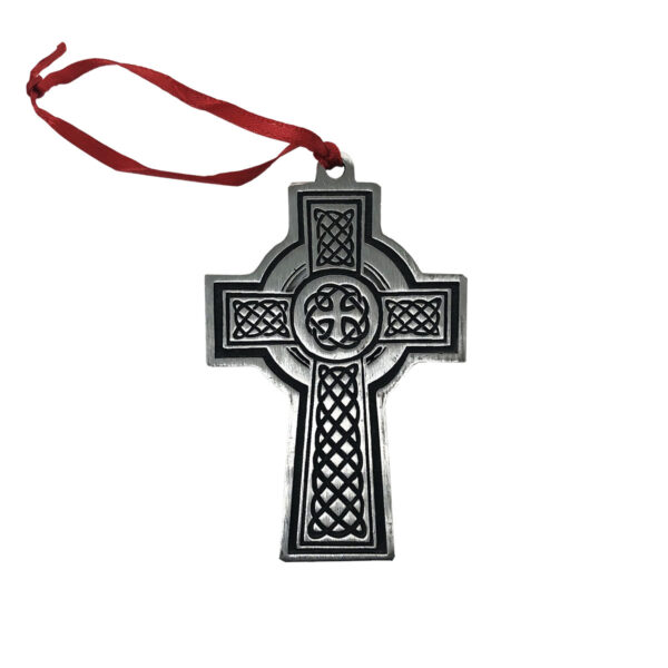A silver Celtic Cross Ornament on a white background.