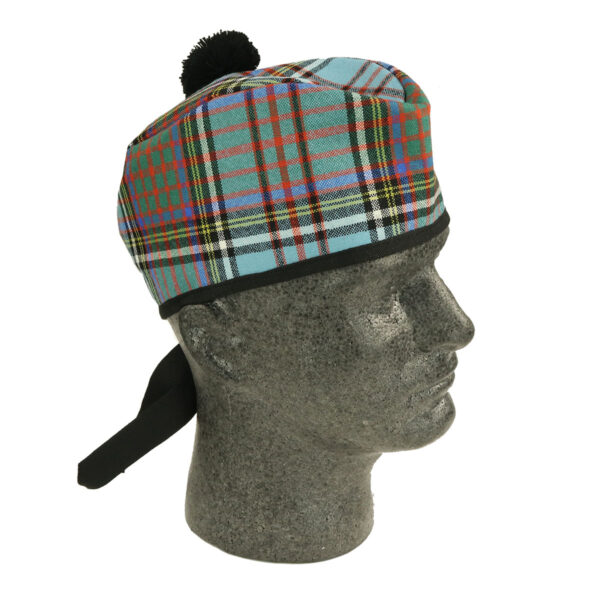 A mannequin wearing an Anderson Ancient Tartan Glengarry - Spring Weight - Size S.