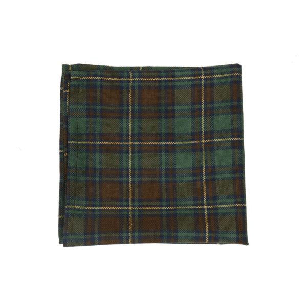 A green and brown plaid pocket square on a white background.