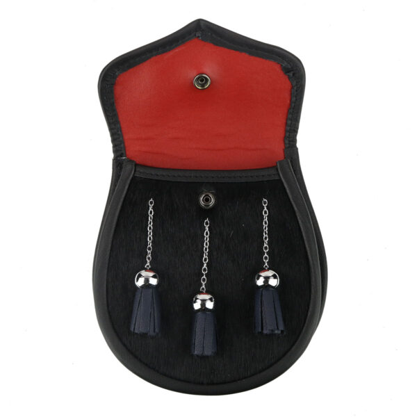 A black leather pouch with three tassels, serving as the Emerald Society Premium Police Sporran.