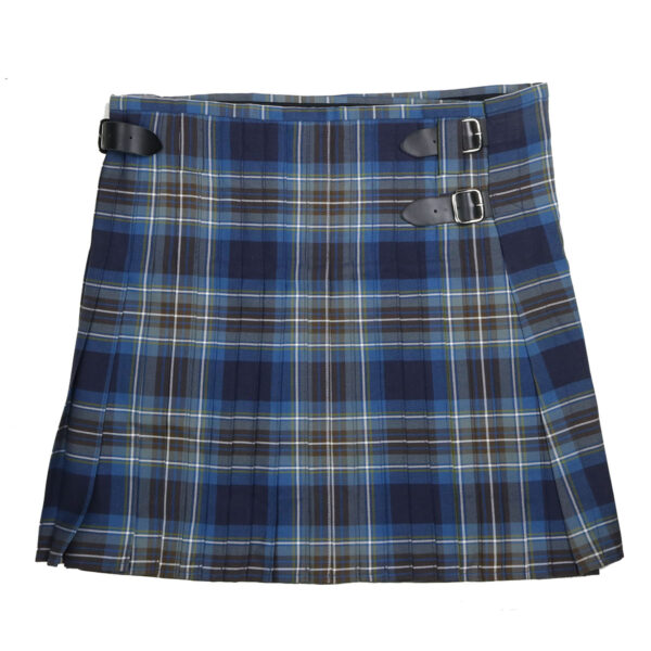 A blue and brown plaid kilt on a white background.