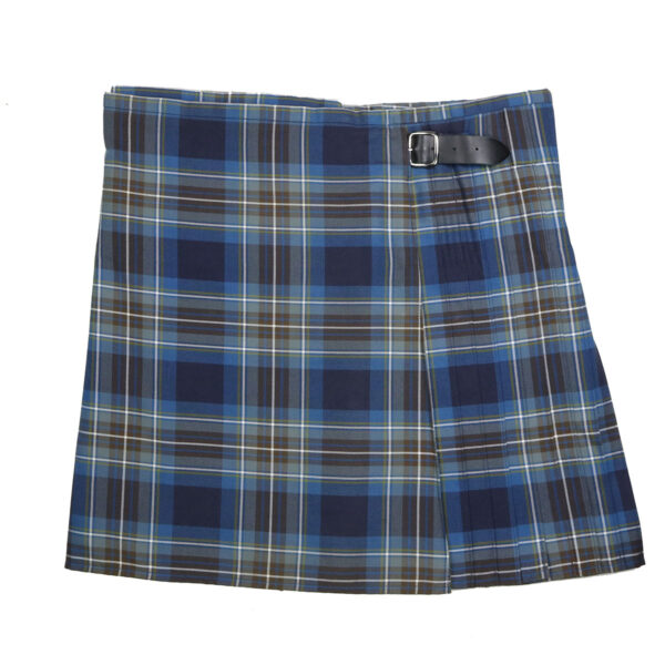 A blue and brown plaid kilt on a white background.
