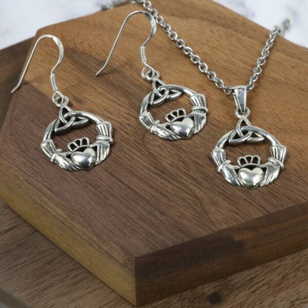 Sterling silver claddagh necklace and earring set.