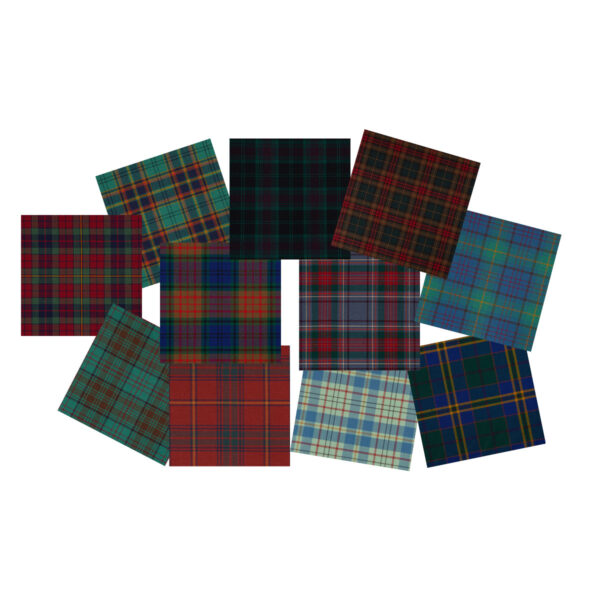 A collection of Irish County Spring Weight Premium Wool Tartan Swatches in various colors.