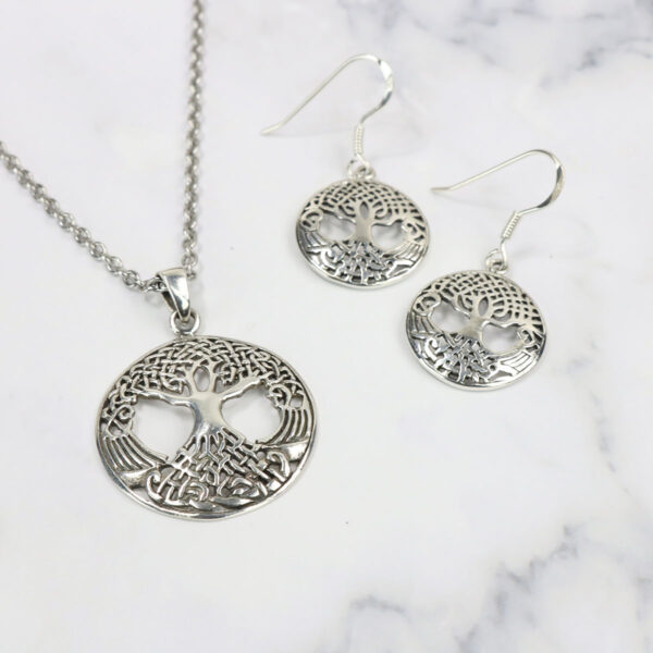 Triquetra Celtic tree of life necklace and Triquetra Sterling Silver Earrings set.