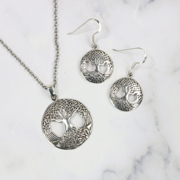 A stunning silver tree of life necklace and earring set featuring the Triquetra Sterling Silver Earrings.