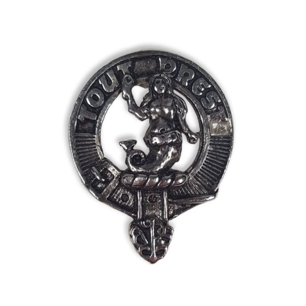 A Murray Clan Crest mini badge with a mermaid on it.
