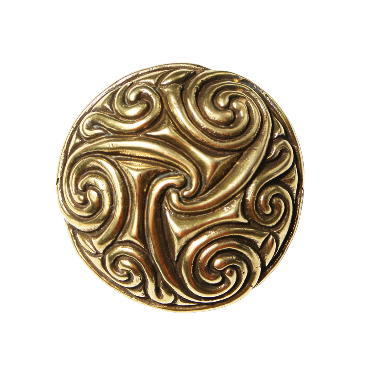 A gold plated Pictish Disc Triskelion Pin Brooch with a swirl design.