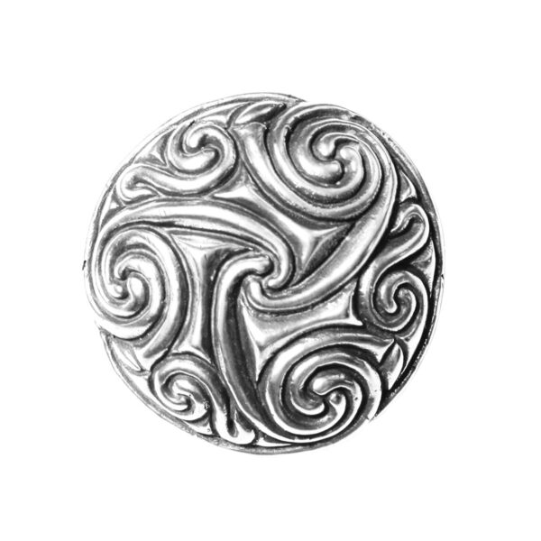 A Pictish Disc Triskelion Pin Brooch with a spiral design on it.
