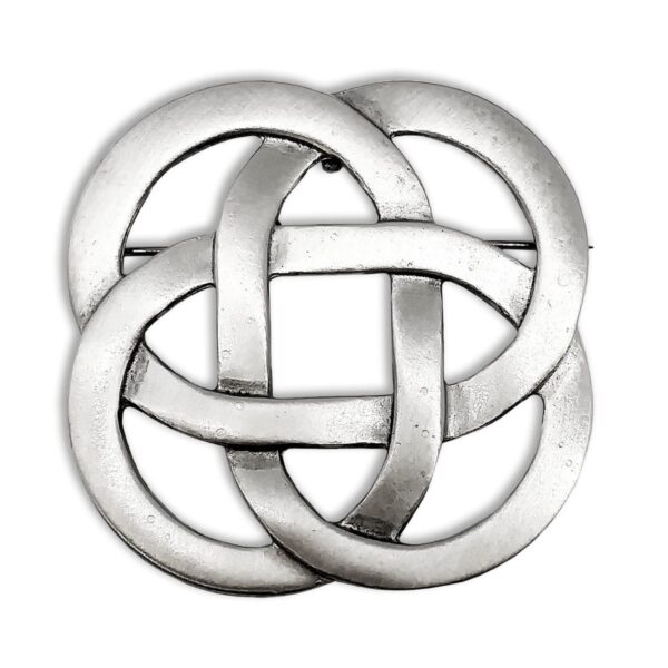 An elegant silver Eternity Knot Pewter Brooch on a white background.