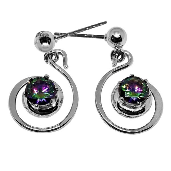 A pair of Mystic Crystal Spiral Set earrings with a rainbow colored stone.
