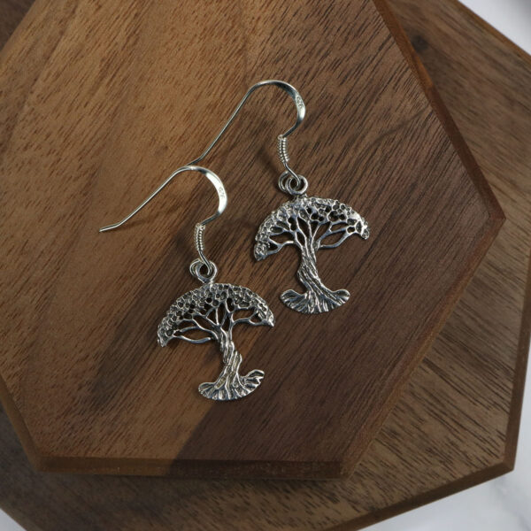 A pair of Triquetra sterling silver earrings on a wooden table.