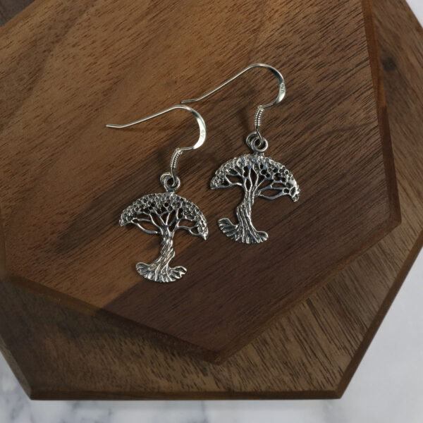 A pair of silver Triquetra Sterling Silver earrings on a wooden table.