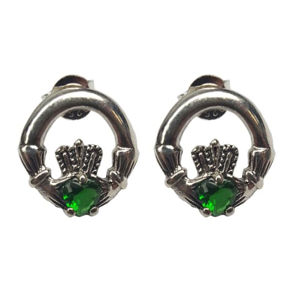 A stunning pair of Claddagh earrings adorned with green stones, called Claddagh Earrings with Green Stone.