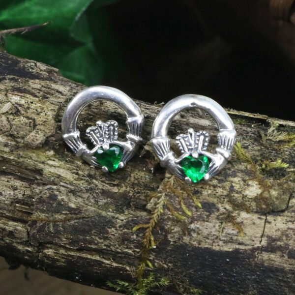 Sterling silver claddagh earrings with emerald stones, featuring Tree of Life Earrings details.