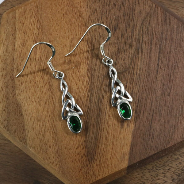 Triquetra Sterling Silver Earrings with emerald stones.