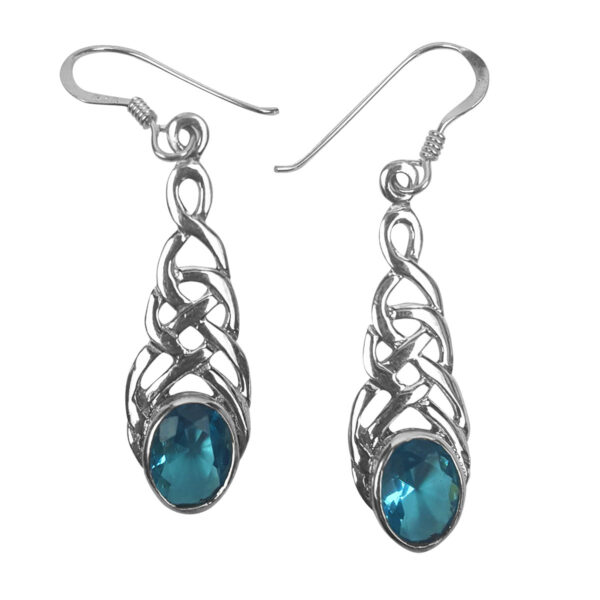 A pair of sterling silver Celtic Knot Sapphire Earrings with blue crystals in a celtic knot design.