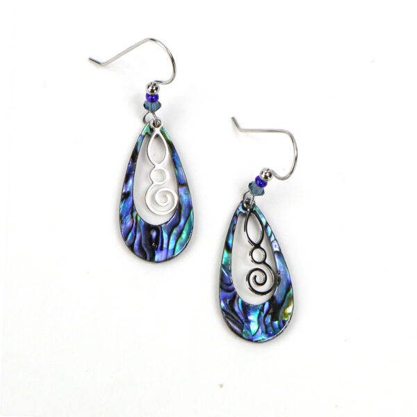 A pair of Celtic Spiral Paua Shell earrings with swirling Celtic patterns.