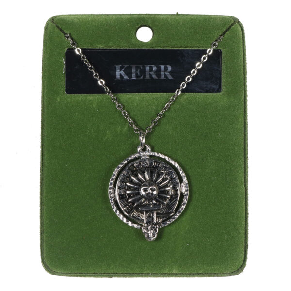 A Kerr Clan Crest Necklace with the word Kerr on it.
