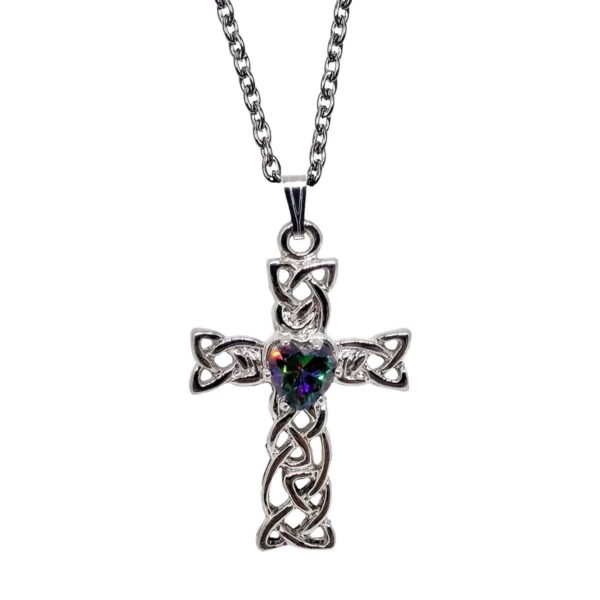 Experience the enchantment of a *Mystic Celtic Cross Necklace* adorned with a vibrant rainbow crystal.