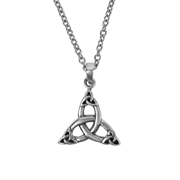 A Triquetra Sterling Silver Necklace on a silver chain.