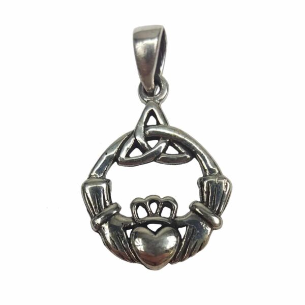 A beautiful silver Triquetra Claddagh pendant necklace with a heart on it.