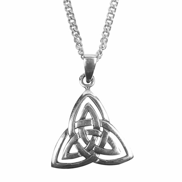 A Triquetra Knot necklace crafted from sterling silver, elegantly adorned on a delicate chain.