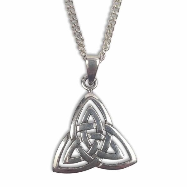 A silver celtic Trinity Knot Set necklace with a Trinity Knot set on a chain.