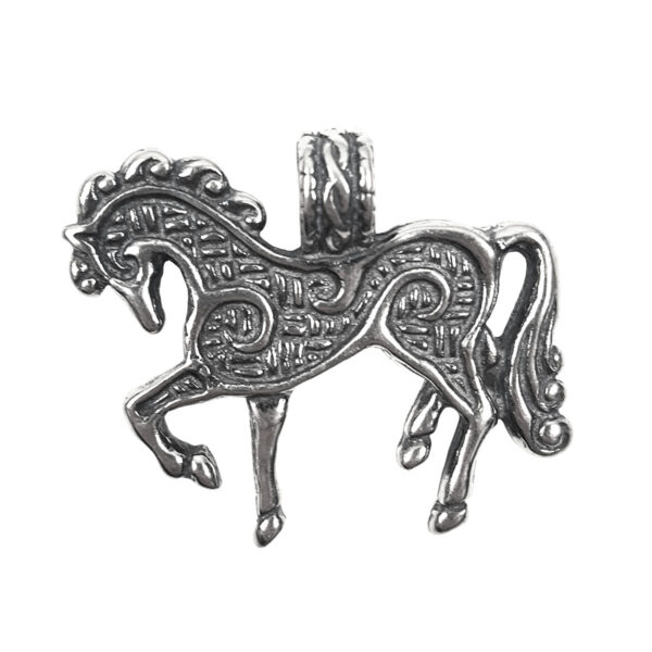 A Celtic Horse Pendant with an intricate design in silver.