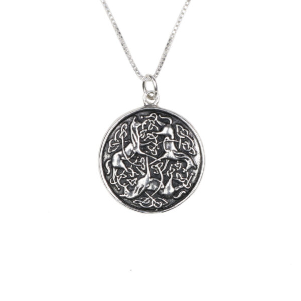 A Celtic Epona sterling silver pendant necklace with a celtic design on it.