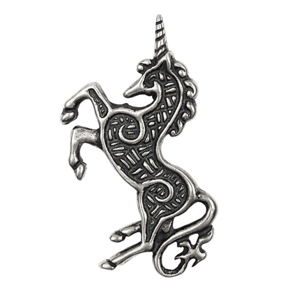 A Celtic Unicorn Pendant, elegantly crafted in silver.