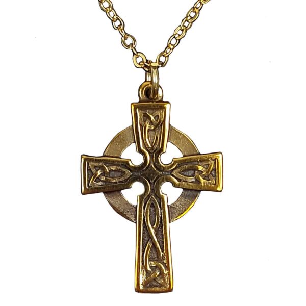 A Celtic Cross Bronze Pendant necklace on a chain.