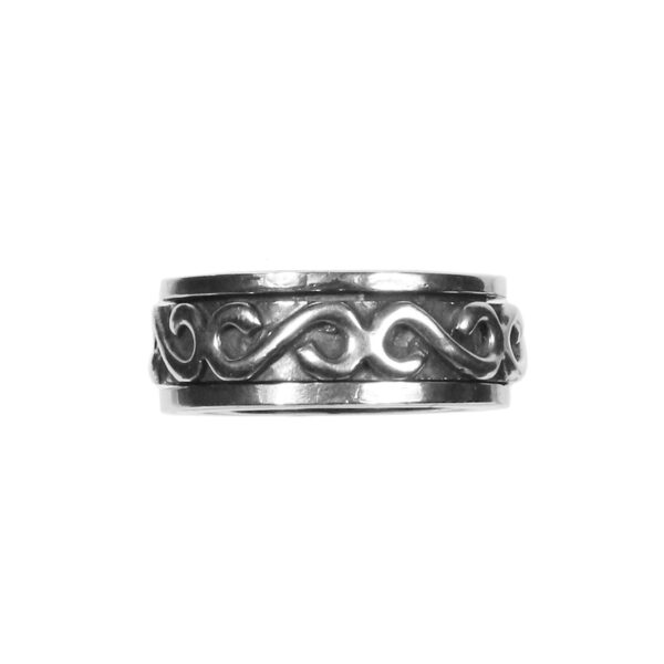 A Celtic Spinner Sterling Silver* Ring crafted in sterling silver with intricate swirl designs.