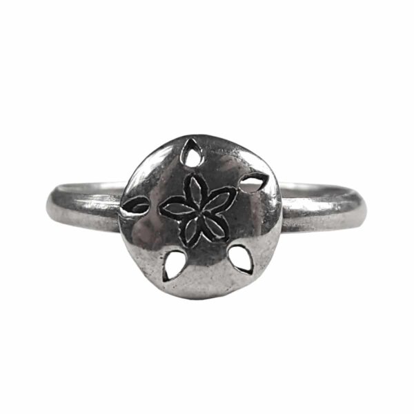 A Sand Dollar Sterling Silver Ring on a white background.