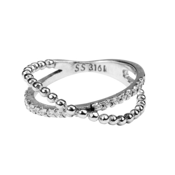 A sterling silver ring with diamonds and Crossed CZ and Beads Stainless Steel Ring embellishments.
